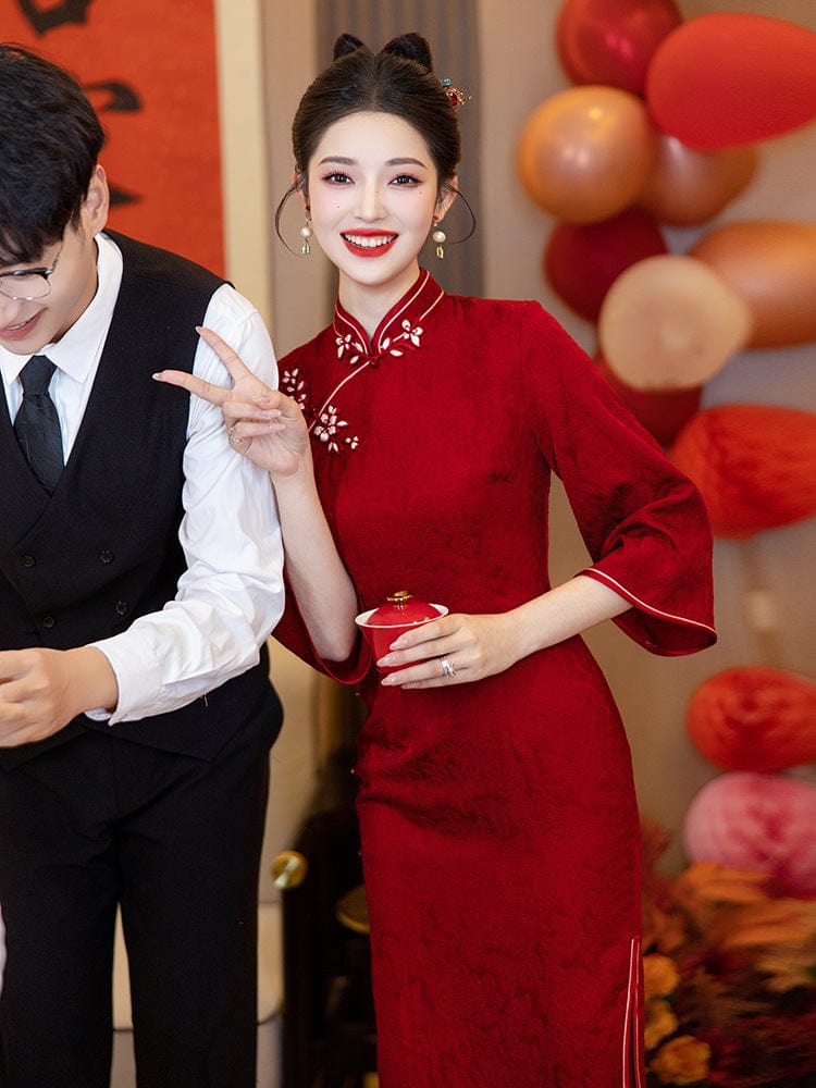 Beth and Brian Qipao-LSB Floral pattern, jacquard wedding midi Cheongsam