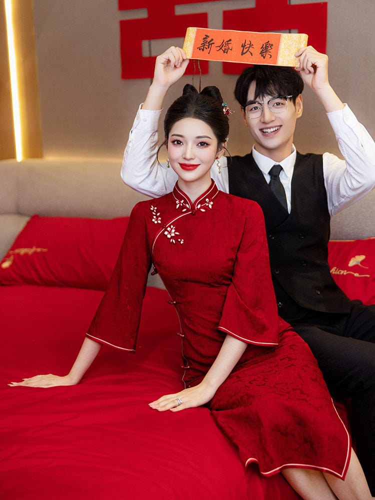 Beth and Brian Qipao-LSB Floral pattern, jacquard wedding midi Cheongsam