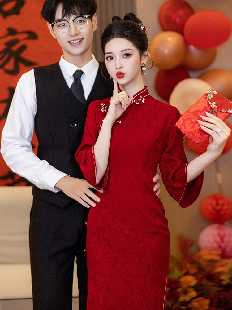 Beth and Brian Qipao-LSB Floral pattern, jacquard wedding midi Cheongsam