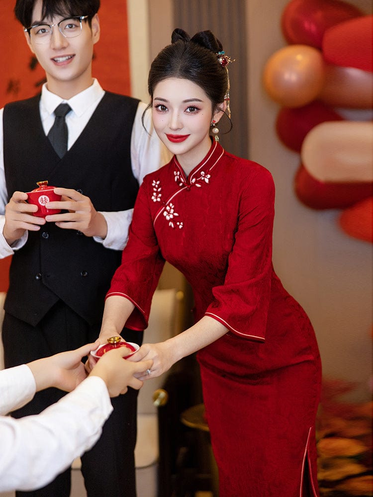 Beth and Brian Qipao-LSB Floral pattern, jacquard wedding midi Cheongsam