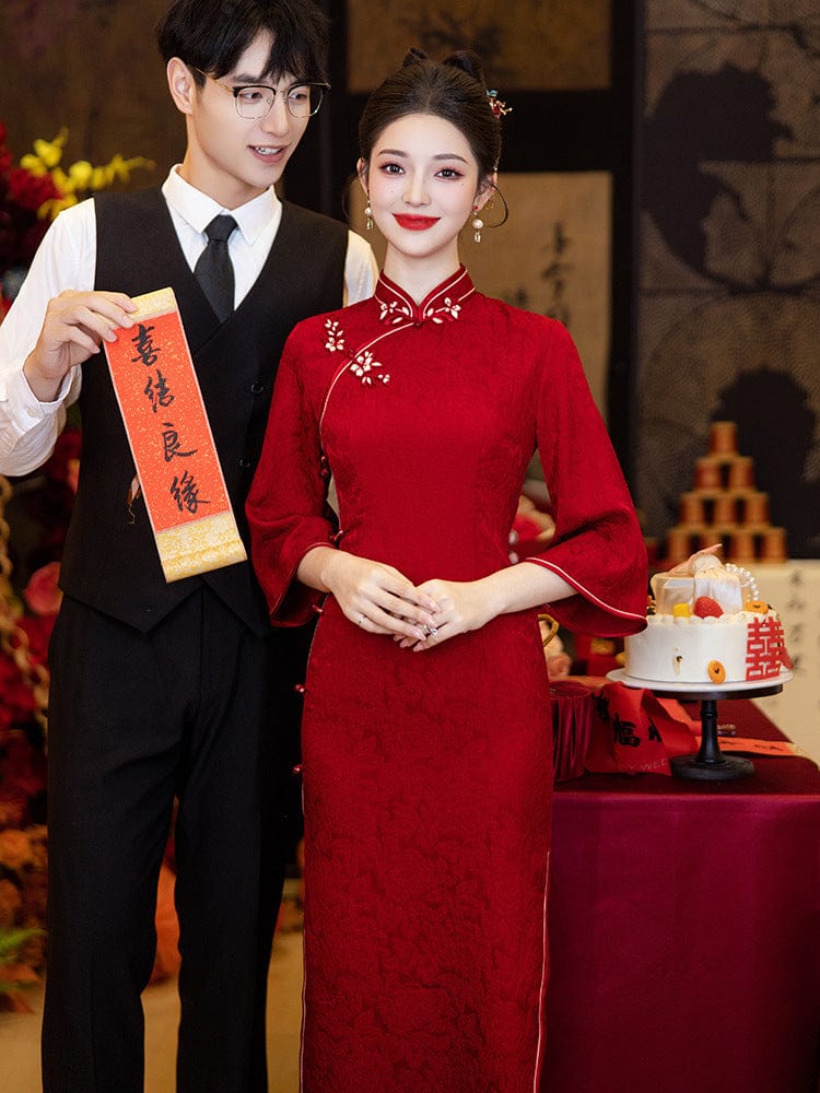 Beth and Brian Qipao-LSB Floral pattern, jacquard wedding midi Cheongsam