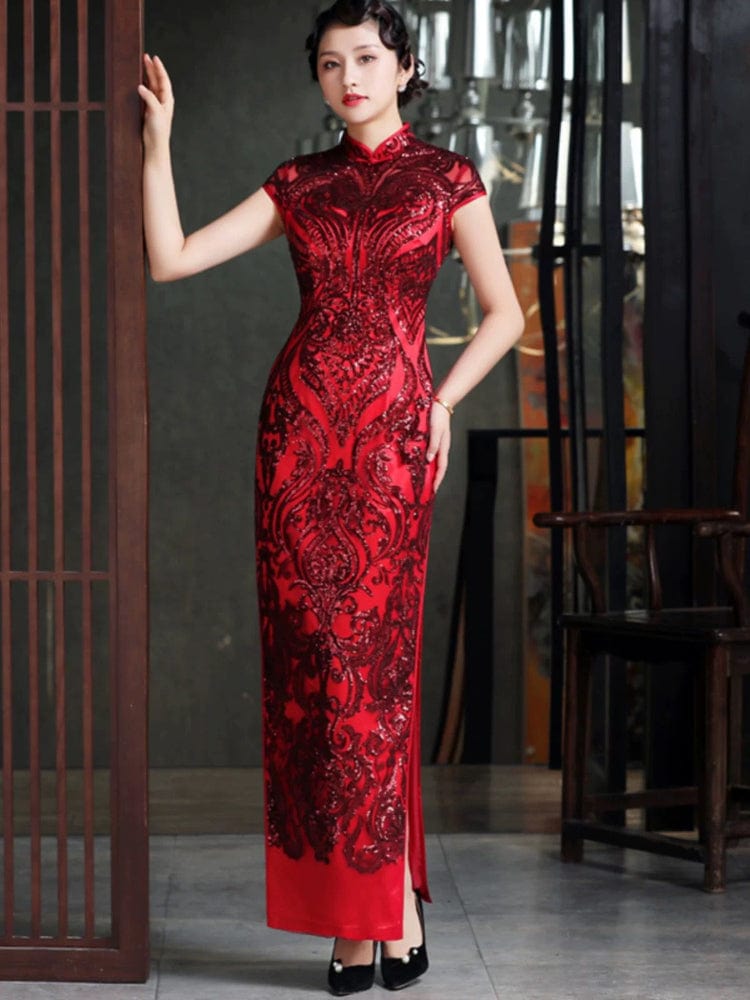 Beth and Brian Qipao-DWYG Sequin fabric, high-end long Cheongsam