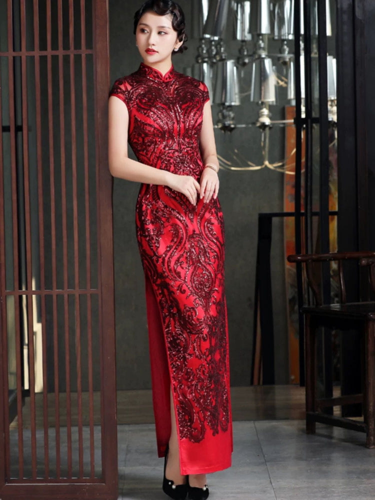 Beth and Brian Qipao-DWYG Sequin fabric, high-end long Cheongsam