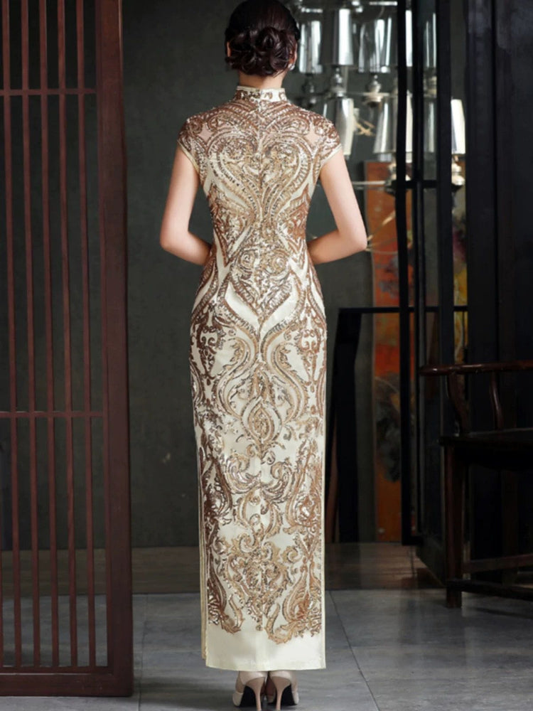 Beth and Brian Qipao-DWYG Sequin fabric, high-end long Cheongsam