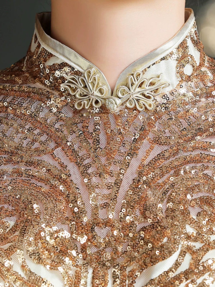 Beth and Brian Qipao-DWYG Sequin fabric, high-end long Cheongsam