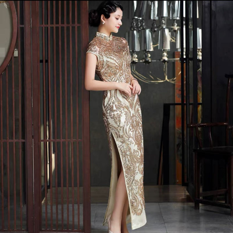 Beth and Brian Qipao-DWYG Sequin fabric, high-end long Cheongsam