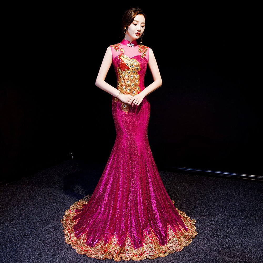 Beth and Brian Qipao - WR Customizble Peacock Embroidery, Fishtail Sequins Qipao