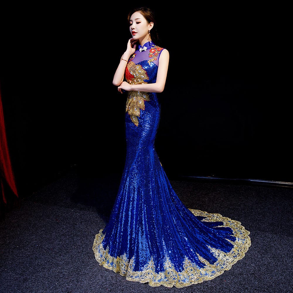 Beth and Brian Qipao - WR Customizble Peacock Embroidery, Fishtail Sequins Qipao