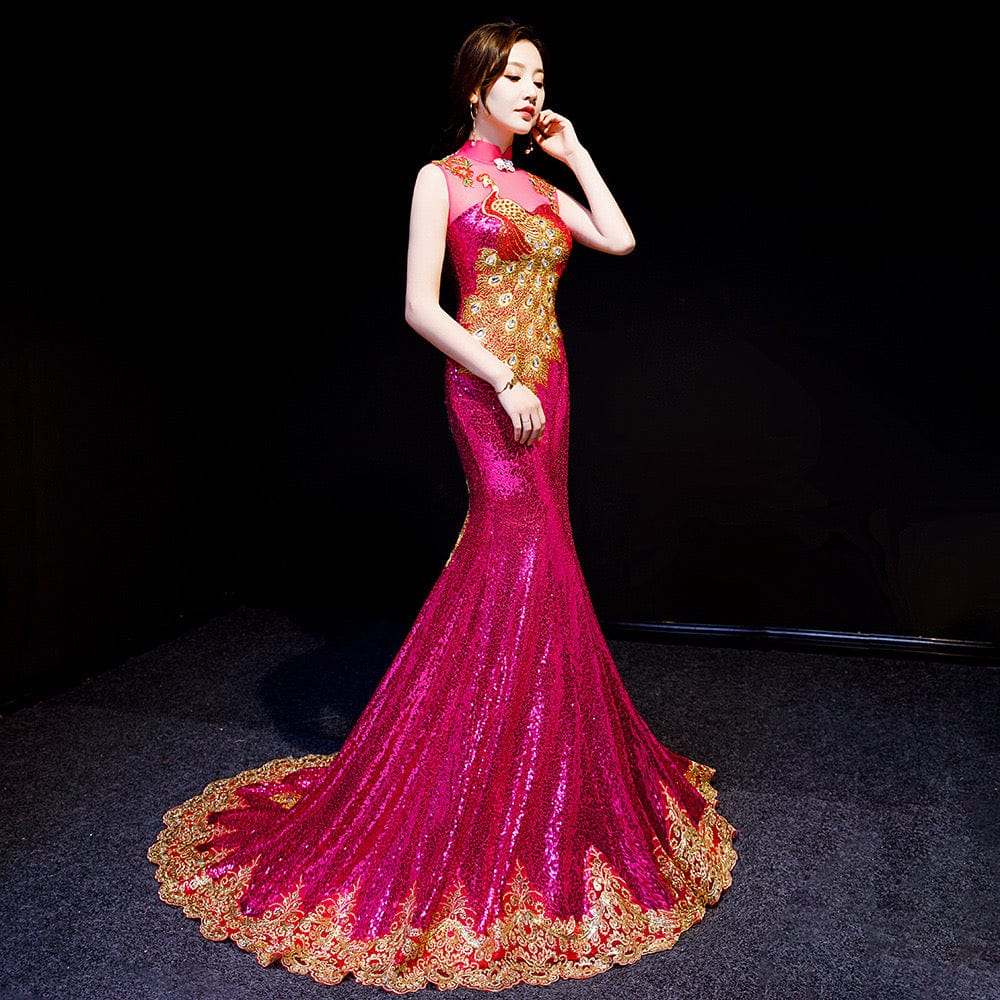 Beth and Brian Qipao - WR Customizble Peacock Embroidery, Fishtail Sequins Qipao