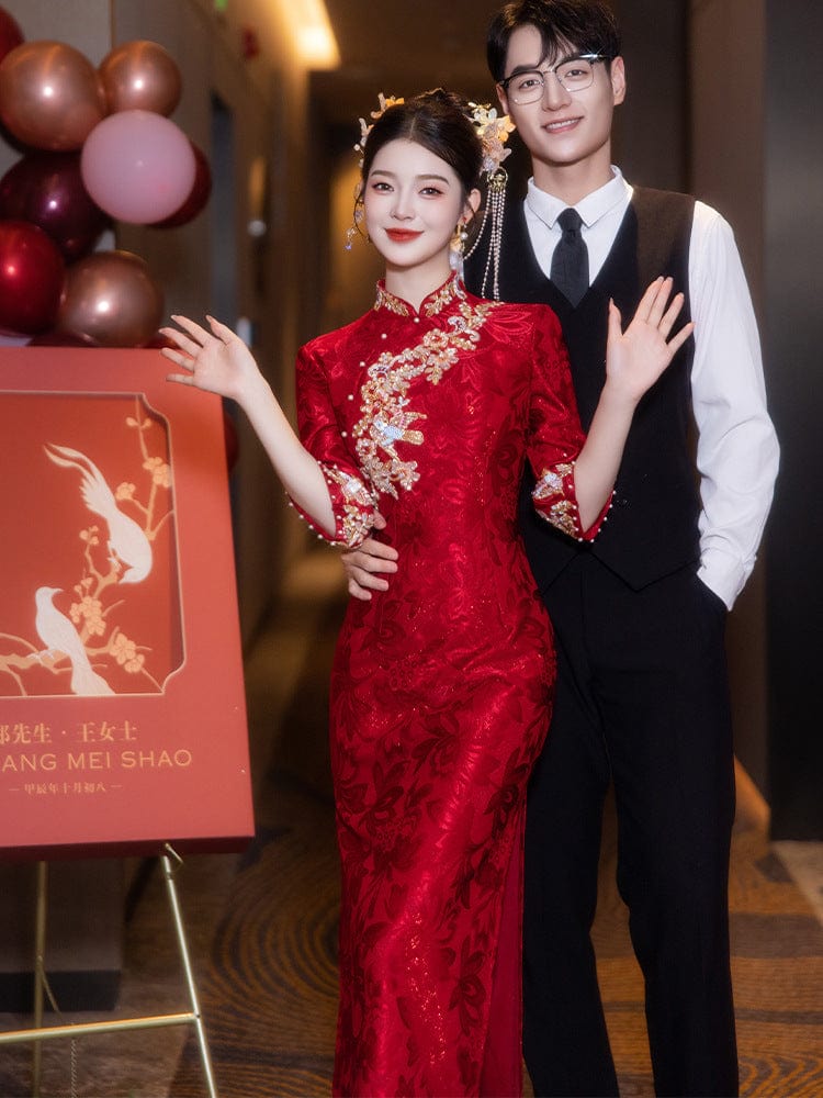 Beth and Brian Qipao-LSB Floral embroidery, Jacquard fabric, red midi Cheongsam
