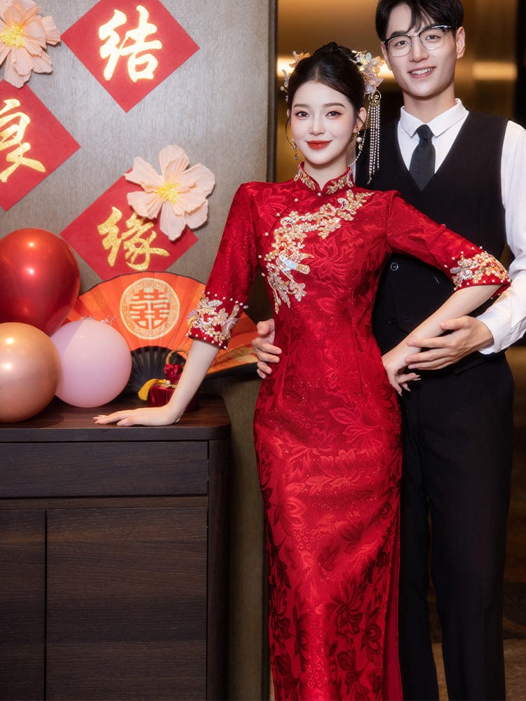 Beth and Brian Qipao-LSB Floral embroidery, Jacquard fabric, red midi Cheongsam