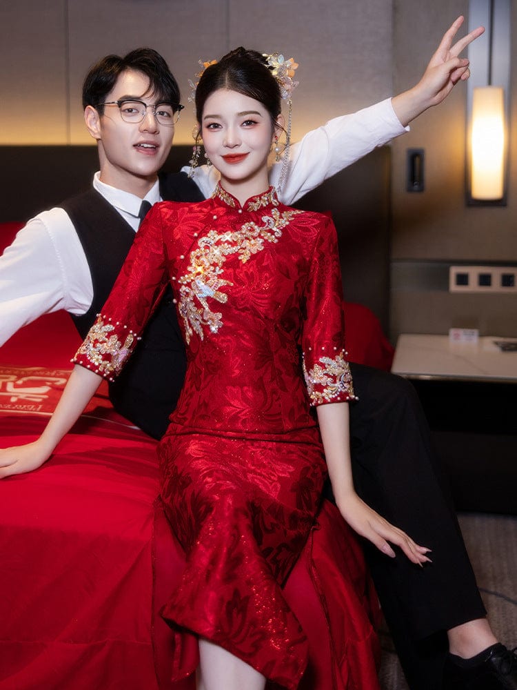 Beth and Brian Qipao-LSB Floral embroidery, Jacquard fabric, red midi Cheongsam