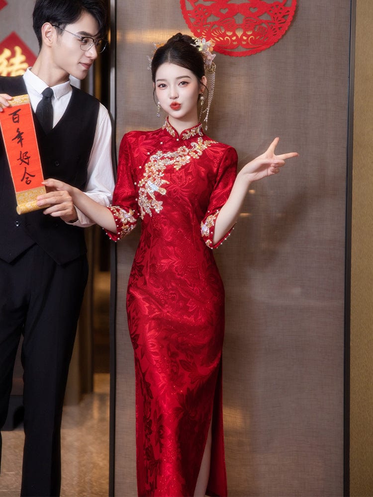 Beth and Brian Qipao-LSB Floral embroidery, Jacquard fabric, red midi Cheongsam
