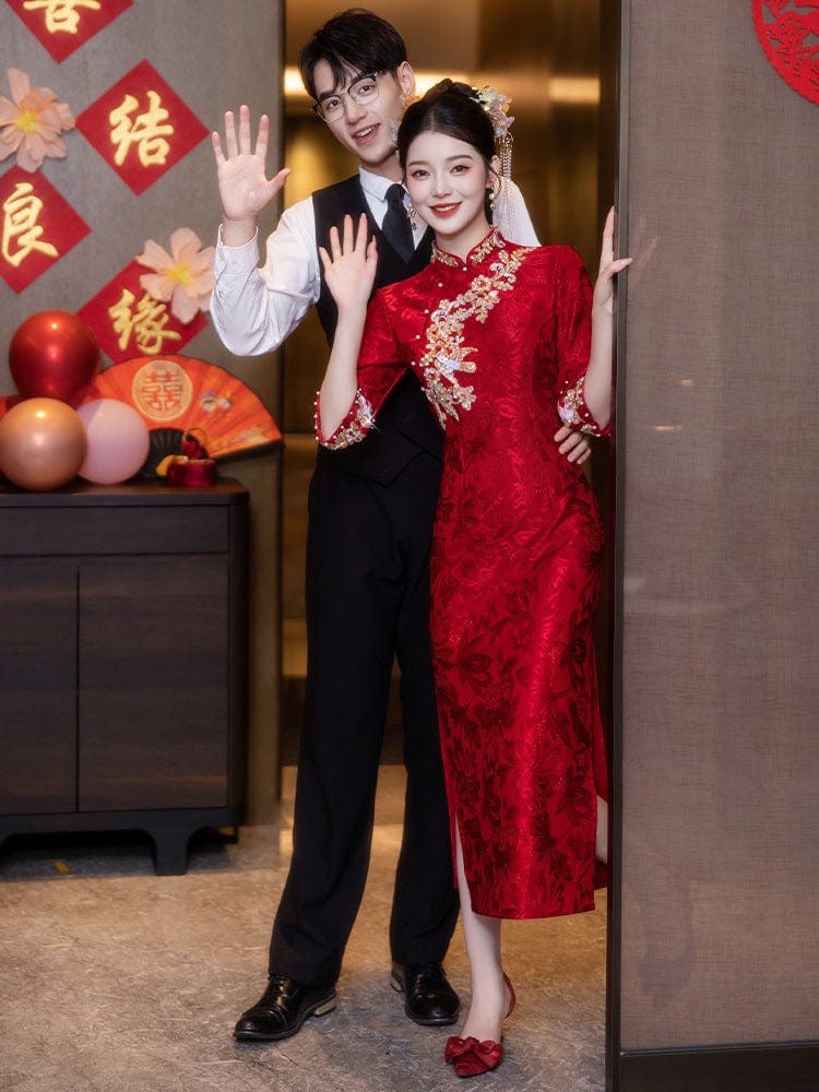 Beth and Brian Qipao-LSB Floral embroidery, Jacquard fabric, red midi Cheongsam