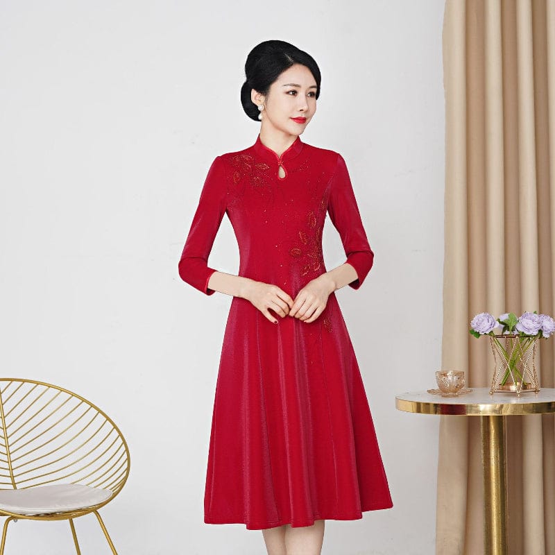 Beth and Brian Qipao-YZL Plus size, wedding red midi Cheongsam for mothers
