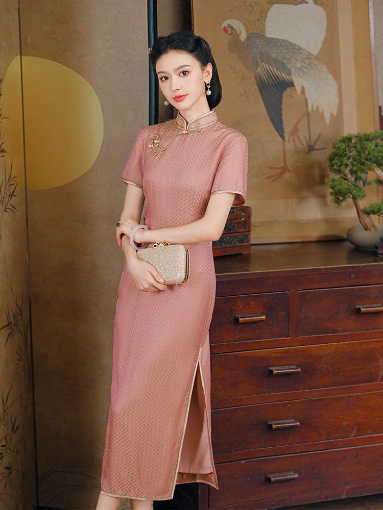 Beth and Brian Qipao-JD Mulberry silk, high end, pink long Cheongsam