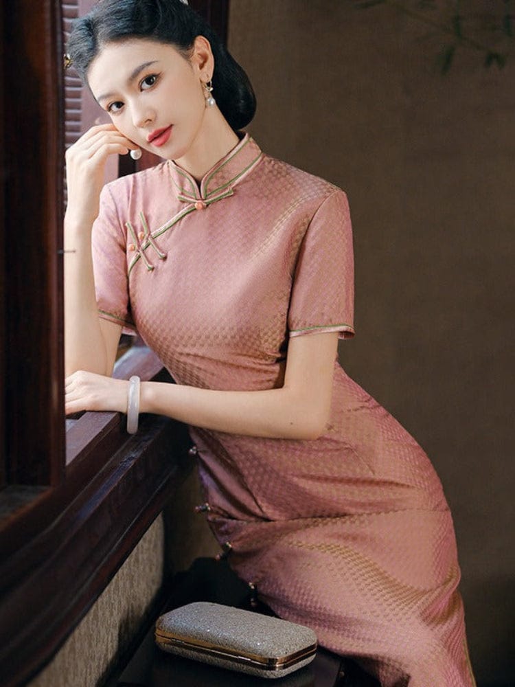 Beth and Brian Qipao-JD Mulberry silk, high end, pink long Cheongsam
