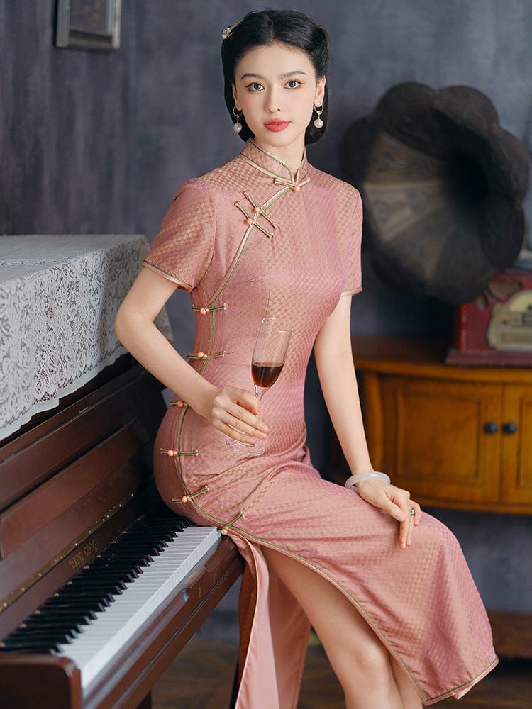 Beth and Brian Qipao-JD Mulberry silk, high end, pink long Cheongsam