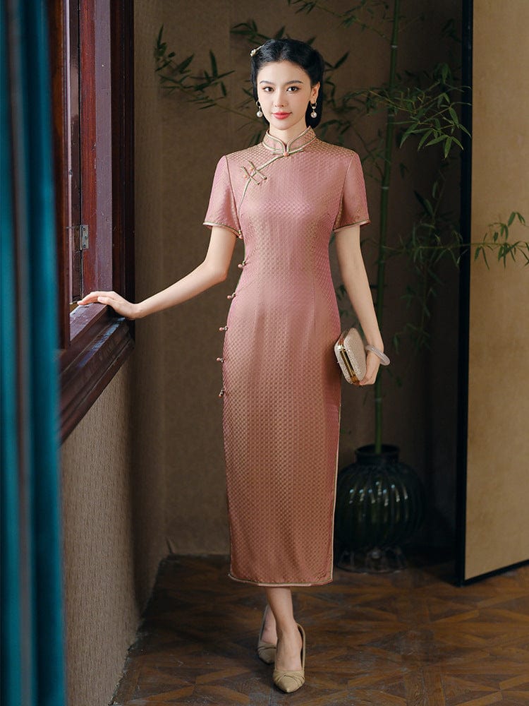 Beth and Brian Qipao-JD Mulberry silk, high end, pink long Cheongsam
