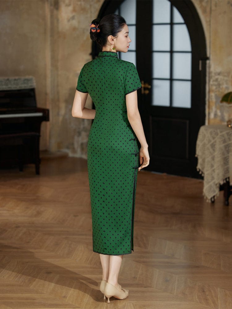 Beth and Brian Qipao-JD Polkadot pattern, green midi Cheongsam