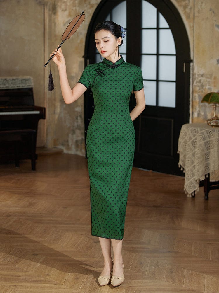 Beth and Brian Qipao-JD Polkadot pattern, green midi Cheongsam