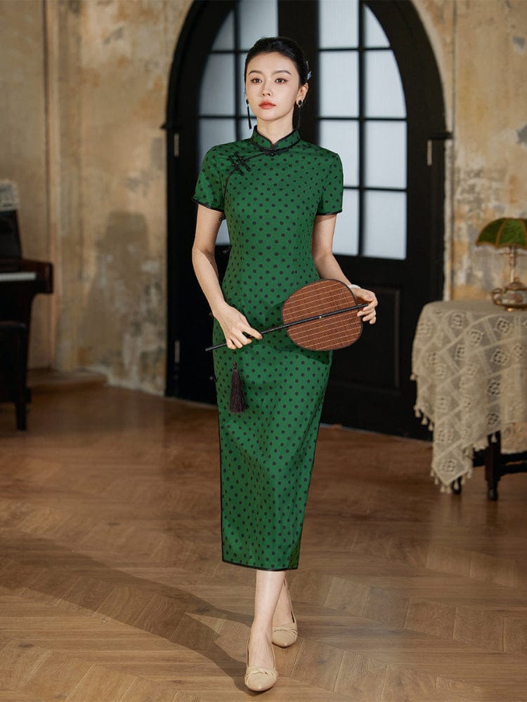 Beth and Brian Qipao-JD Polkadot pattern, green midi Cheongsam