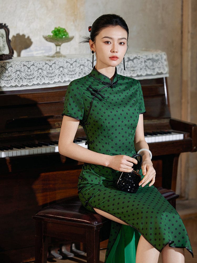 Beth and Brian Qipao-JD Polkadot pattern, green midi Cheongsam