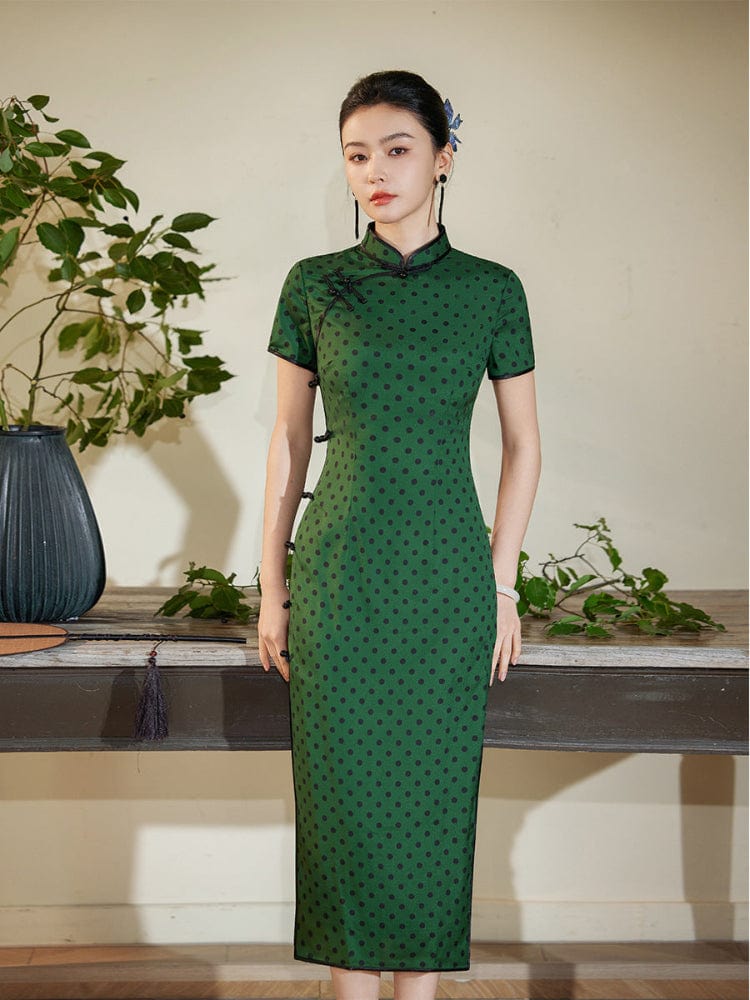 Beth and Brian Qipao-JD Polkadot pattern, green midi Cheongsam