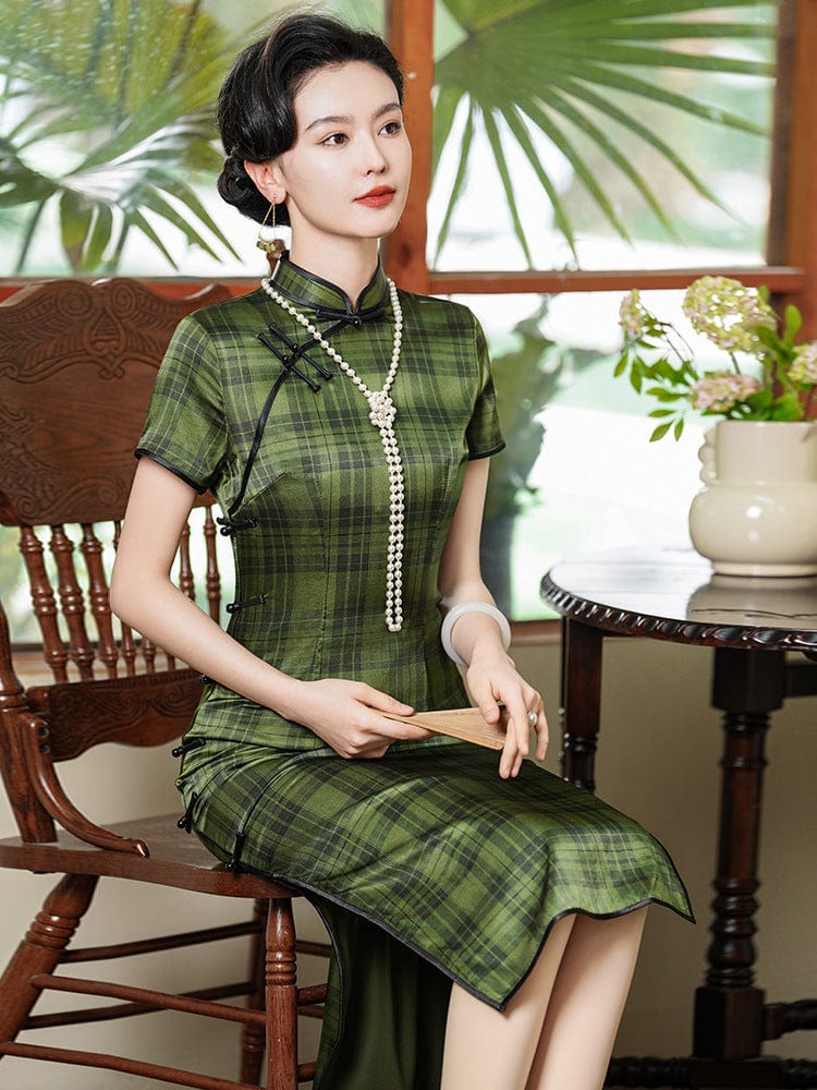 Beth and Brian Qipao-JD 19 mome mulberry silk, high-end, green midi Qipao
