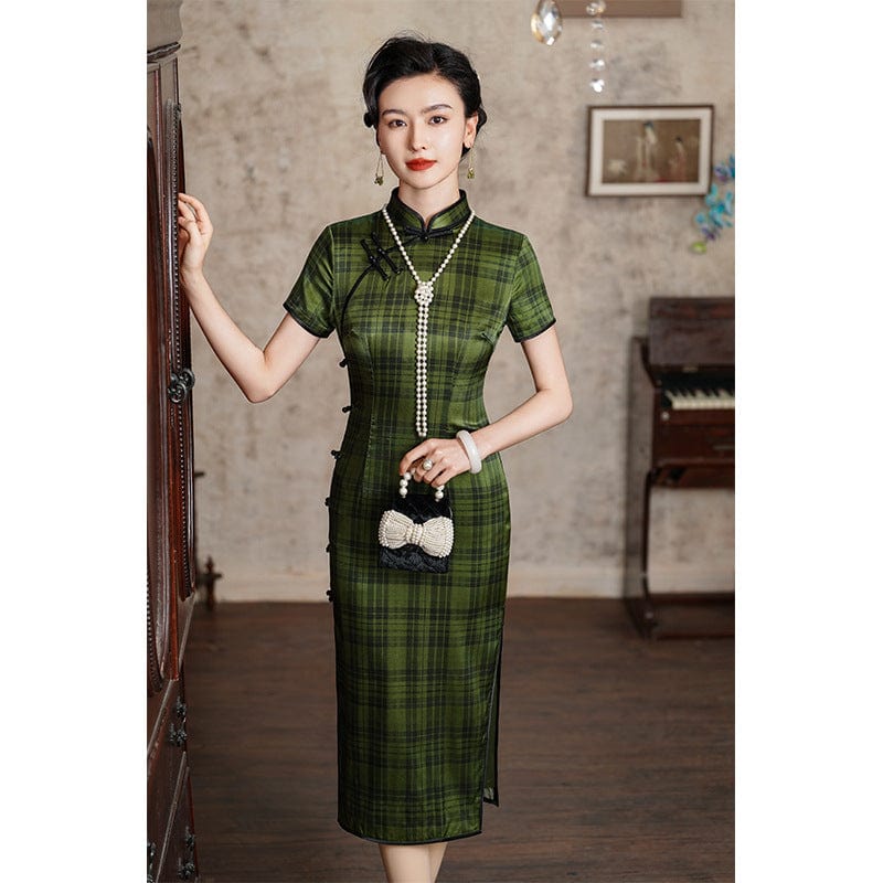 Beth and Brian Qipao-JD 19 mome mulberry silk, high-end, green midi Qipao