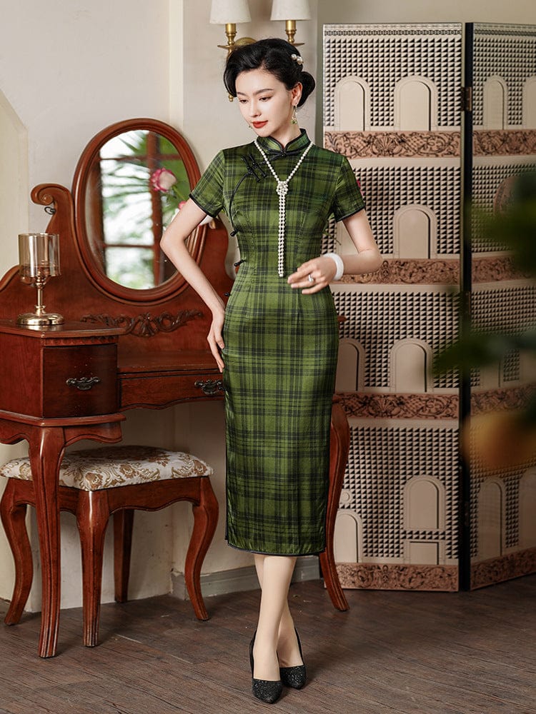 Beth and Brian Qipao-JD 19 mome mulberry silk, high-end, green midi Qipao
