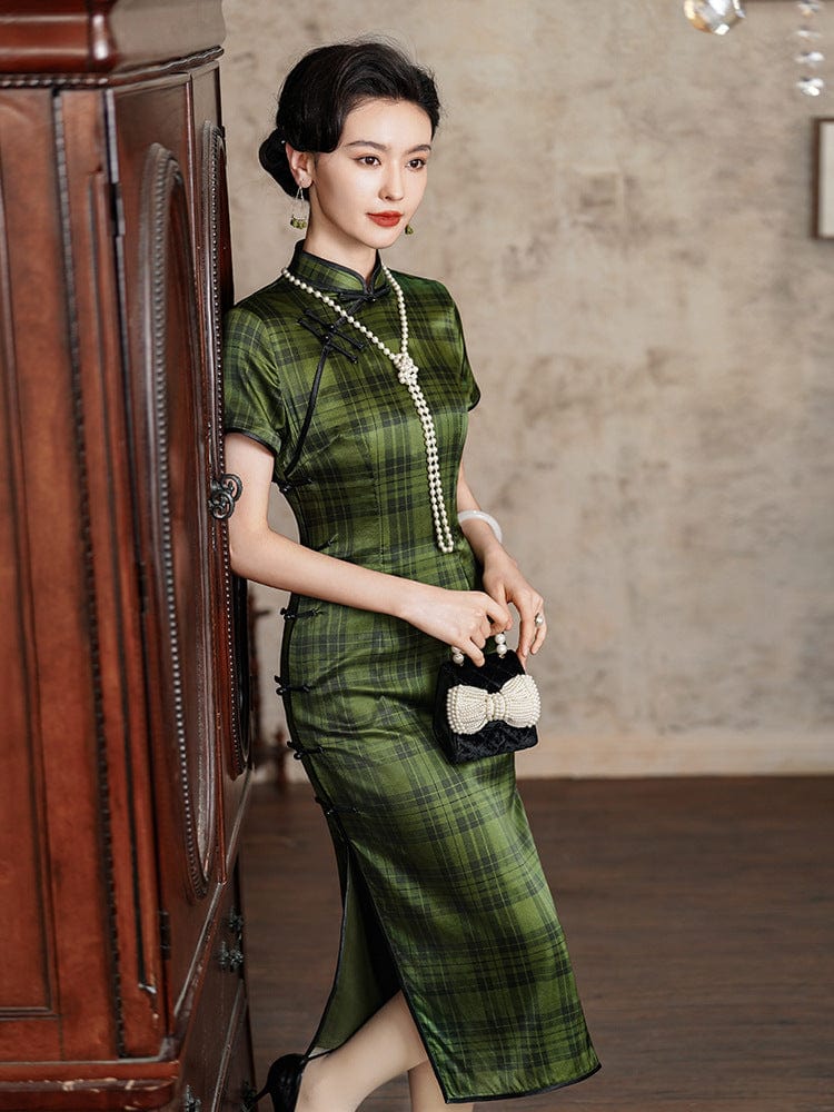 Beth and Brian Qipao-JD 19 mome mulberry silk, high-end, green midi Qipao