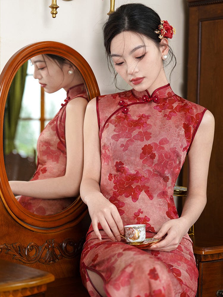 Beth and Brian Qipao-LSB Sleeveless, floral pattern, red mid-length Cheongsam