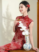 Beth and Brian Qipao-LSB Sleeveless, floral pattern, red mid-length Cheongsam
