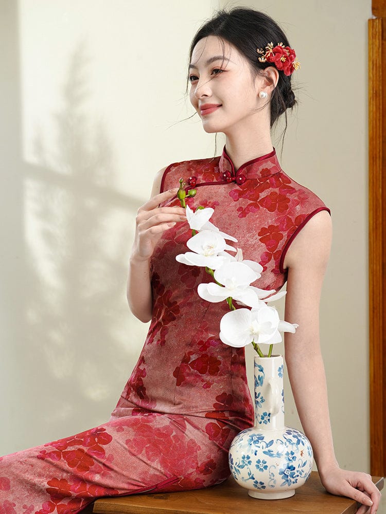 Beth and Brian Qipao-LSB Sleeveless, floral pattern, red mid-length Cheongsam