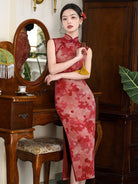 Beth and Brian Qipao-LSB Sleeveless, floral pattern, red mid-length Cheongsam