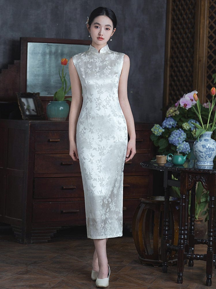 Beth and Brian Qipao-LSB Jacquard fabric, white midi Cheongsam
