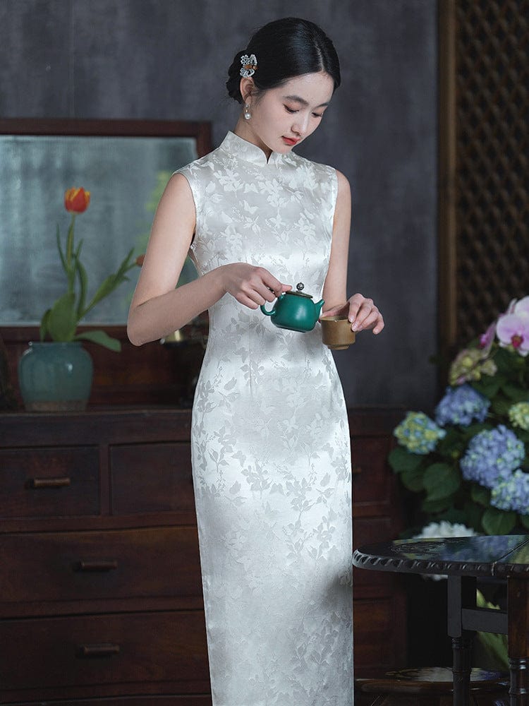 Beth and Brian Qipao-LSB Jacquard fabric, white midi Cheongsam