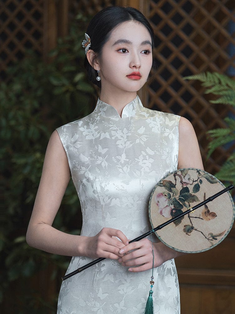 Beth and Brian Qipao-LSB Jacquard fabric, white midi Cheongsam