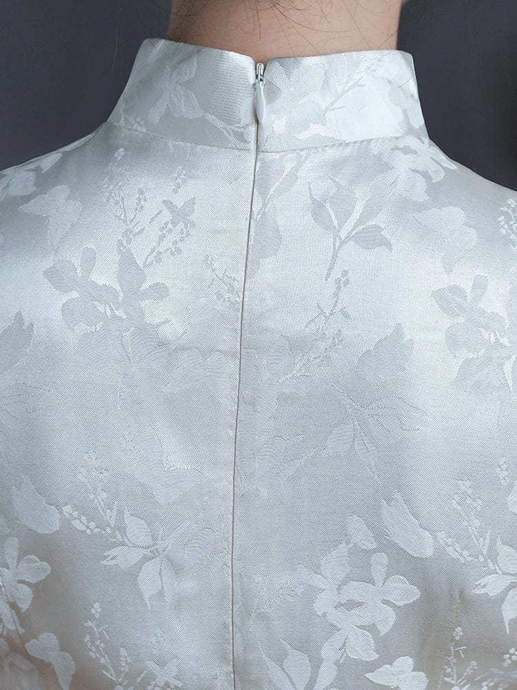 Beth and Brian Qipao-LSB Jacquard fabric, white midi Cheongsam