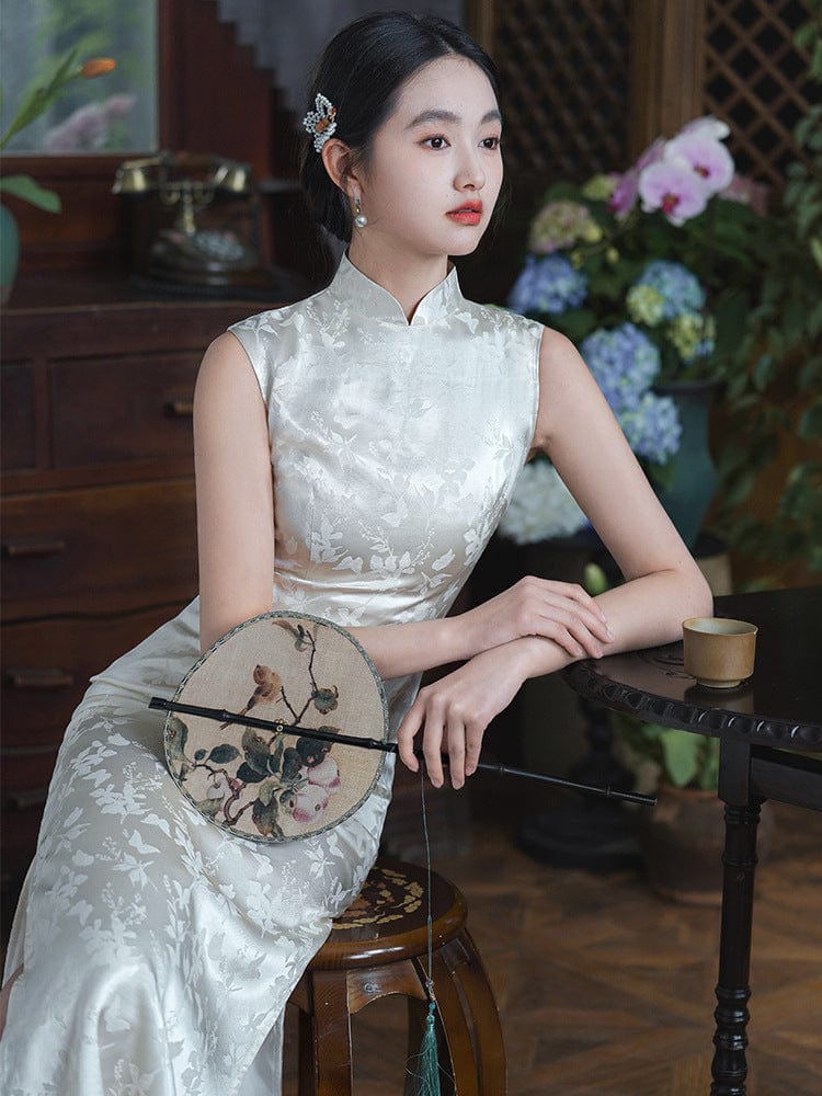 Beth and Brian Qipao-LSB Jacquard fabric, white midi Cheongsam