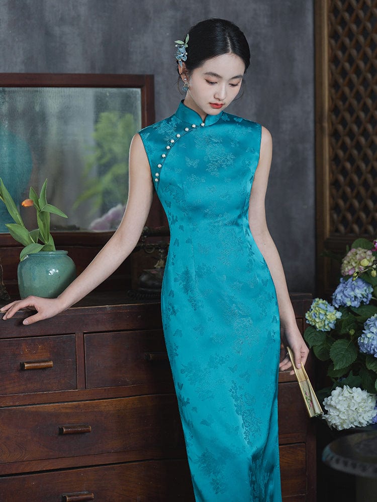 Beth and Brian Qipao-LSB Chinese retro style, silk blue&pink midi Cheongsam