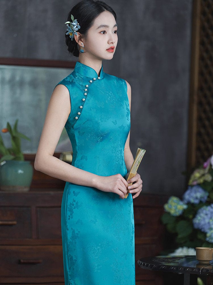 Beth and Brian Qipao-LSB Chinese retro style, silk blue&pink midi Cheongsam