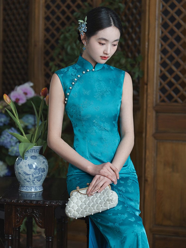 Beth and Brian Qipao-LSB Chinese retro style, silk blue&pink midi Cheongsam