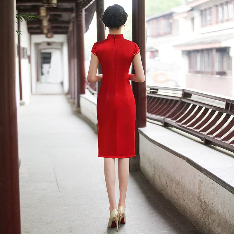 Beth and Brian Qipao-MLS Floral embroidery, acetate fabric, red midi Cheongsam