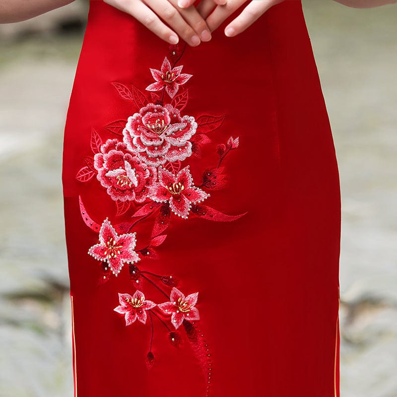 Beth and Brian Qipao-MLS Floral embroidery, acetate fabric, red midi Cheongsam