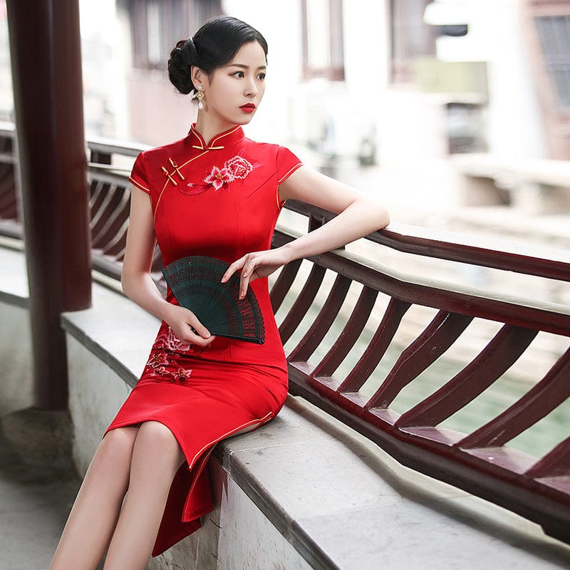 Beth and Brian Qipao-MLS Floral embroidery, acetate fabric, red midi Cheongsam
