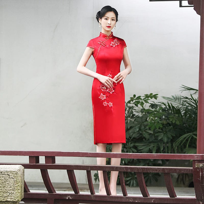 Beth and Brian Qipao-MLS Floral embroidery, acetate fabric, red midi Cheongsam