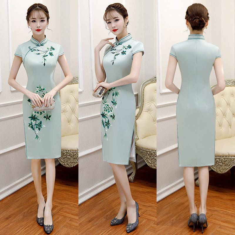 Beth and Brian Qipao-MLS Floral embroidery, silk midi Cheongsam