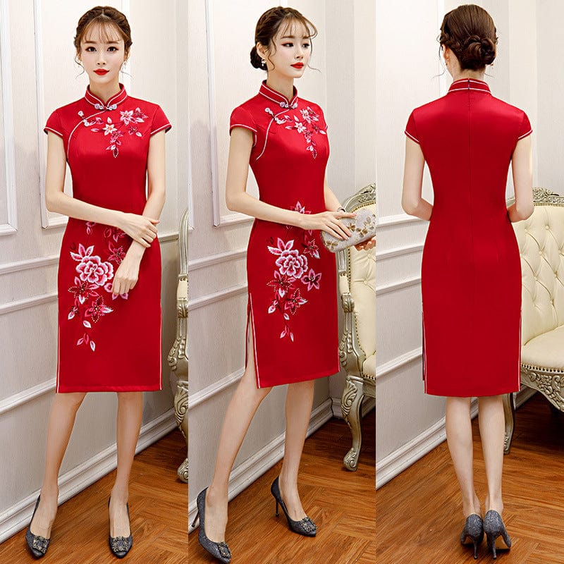 Beth and Brian Qipao-MLS Floral embroidery, silk midi Cheongsam